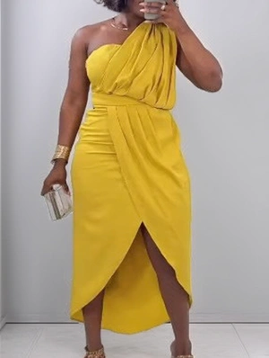 Ruched One Shoulder Split Hem Fitted Dress