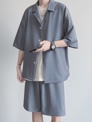 Solid Color Raglan Sleeve Baggy Button Thin Suit Short Sets