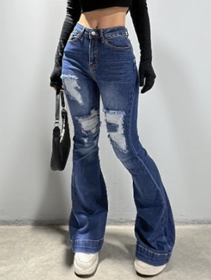 Ripped Denim High Rise Flared Jeans
