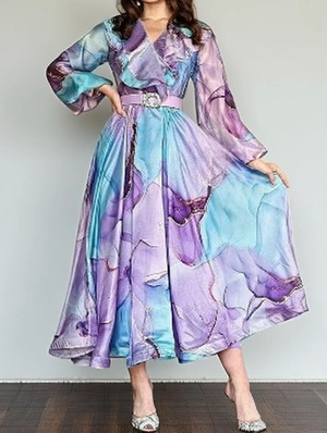 Floral Ruffle V Neck Long Sleeves Vintage Dress