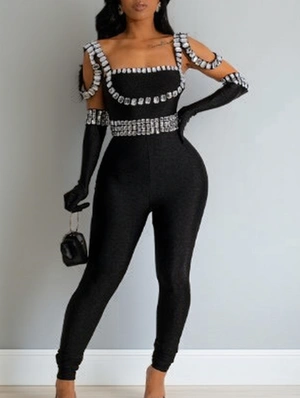 Embellished Patchwork Backless Jumpsuits