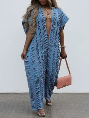 Ripped Deep V Neck Wide Leg Denim Jumpsuits