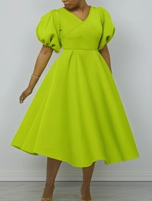 Solid Color V Neck Puff Sleeve A-line Midi Dress