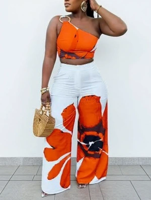 Flower One-shoulder Cropped Wide Leg Pant Sets