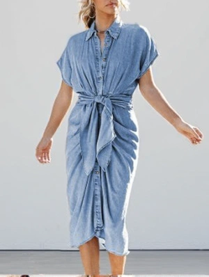 Pleated High Rise Pure Color Short Sleeve Dress