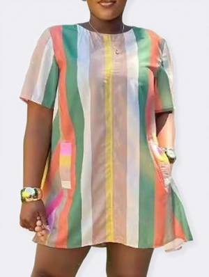 Colorblock Vertical Short Sleeve Mini Dress