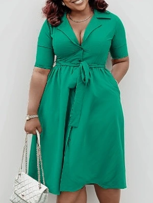 Solid Color Tie-wrap A-line Short Sleeve Midi Dress