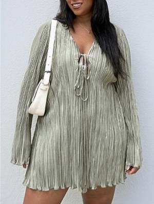 Pleated Trumpet Sleeve Lace-Up Mini Dress