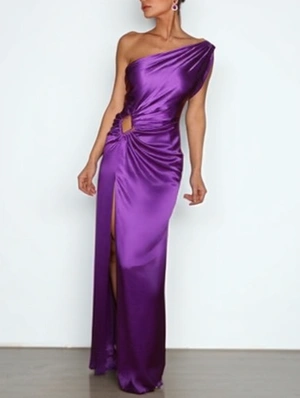 Solid Color Hollow-out Split Hem Inclined Shoulder Maxi Dresses