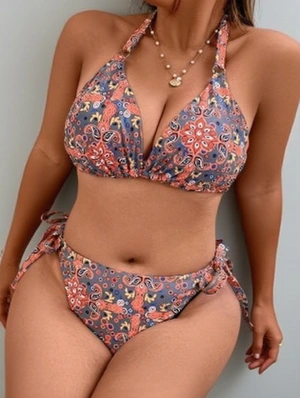 Print Halter Backless Lace-Up Bikinis