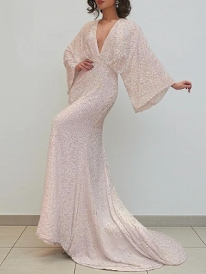 Sequin V Neck Mermaid Trailing Long Sleeves Dress