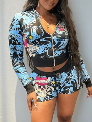 Skull Printed Zipper Cropped Hoodies Shorts Sets
