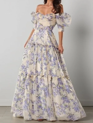 Floral Off Shoulder Organza Maxi Dresses