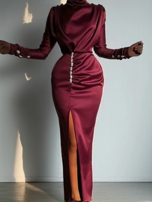Patchwork Embellished Split Hem Turtleneck Dress