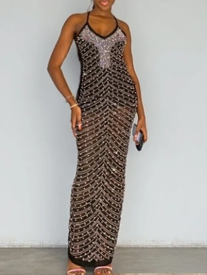 Hotfix Rhinestones Patchwork Spaghetti Straps Maxi Dresses