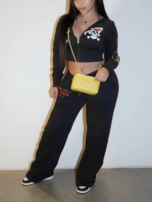 Skull Letter Printed Hoodies Sweatpants Set