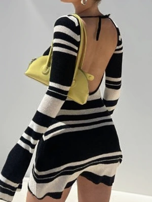 Striped Halter Tie-wrap Seductive Backless Long Sleeves Dress