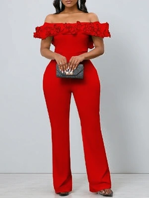 Patchwork Ruffle Off Shoulder Wide Leg Jumpsuits
