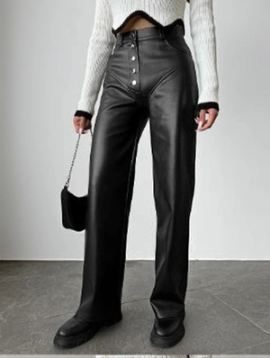 PU Buckle Patchwork Pure Color Pants