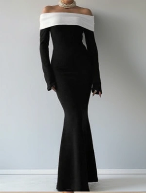 Colorblock Off Shoulder Long Sleeve Maxi Fall Dress