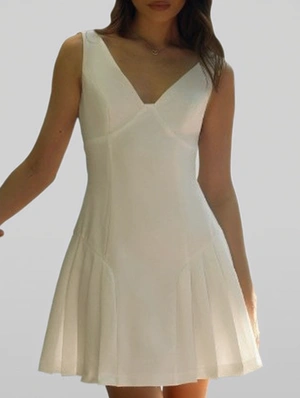 Pleated Bow V Neck Backless Sleeveless White Mini Dress