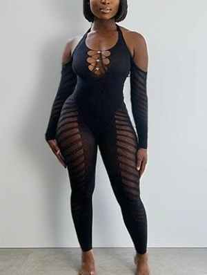 Embellished Chain Halter See Through Jumpsuits