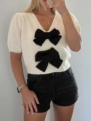 Bow Patchwork V Neck Short Sleeve Sweater