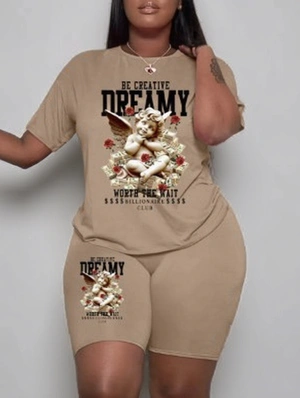 Angel Letter Print Crewneck Loose Short Sets