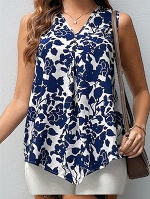 Geometric Pattern Down Collar Loose Tanks