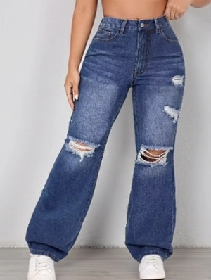 Trendy Ripped Cotton Wide Leg Jeans Women