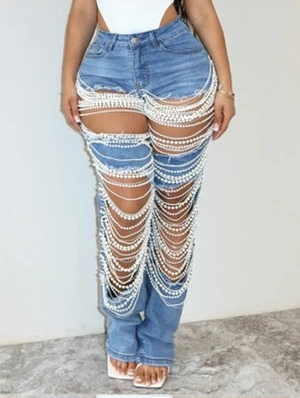 Faux Pearl Ripped Denim Chain Plus Size Jeans