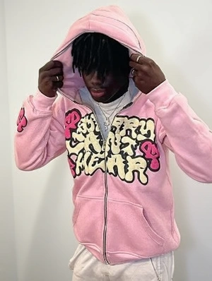 Letter Print Kangaroo Pocket Zip Up Hoodie