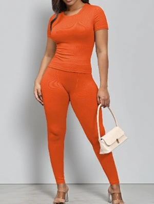 Plain Color Bodycon Crewneck Pant Set