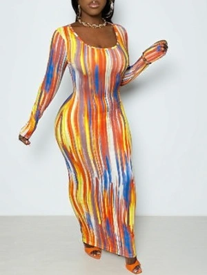 Colorblock U Neck Fitted Long Sleeve Maxi Dress