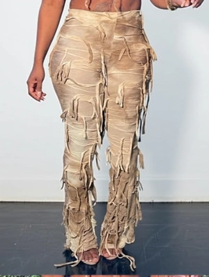 Tie Dye Fringe Lace Up Bodycon Flared Pants