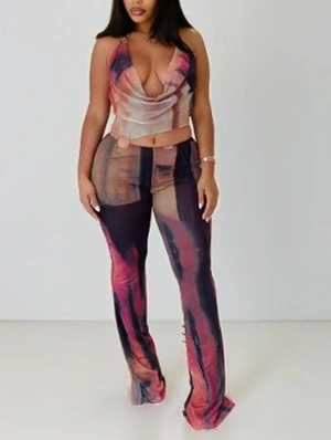 Mesh Halter Lace-Up Backless Jumpsuits