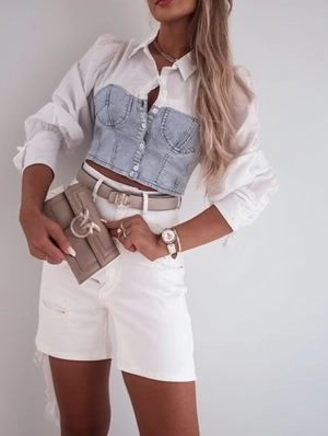 Denim Patchwork Buckle Cropped Shirt