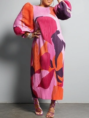 Print Ruched Lantern Sleeve Maxi Dresses