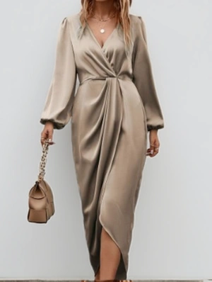 Asymmetrical Hem Pleated Solid Color Long Sleeves Dress