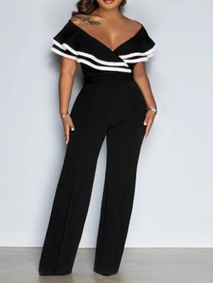 Patchwork Ruffle Off Shoulder Jumpsuits
