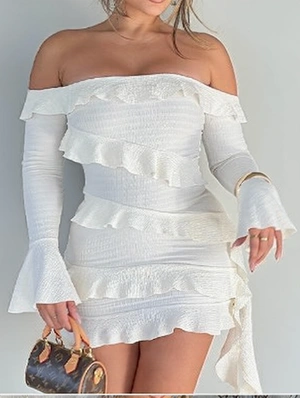 Ruffle Edge Off Shoulder Ribbons Mini Dress