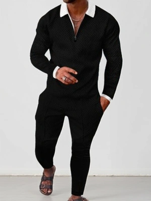 Patchwork Long Sleeve Slit Pocket Men's Long Sets