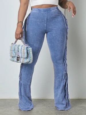 Plain Color Washed Tassel Flared Pants