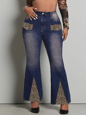 Leopard Patchwork Washed Denim Flared Jeans