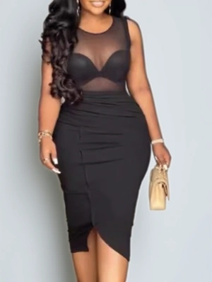 See Through Ruched Sleeveless Split Hem Midi Dress