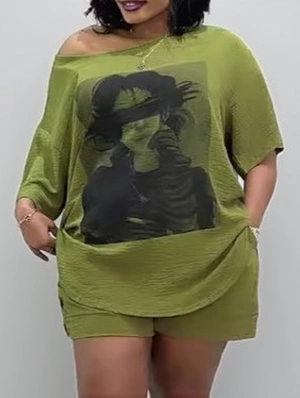 Printed Loose Inclined Shoulder Short Sets