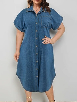 Solid Color Washed Single Breasted Short Sleeve Dress