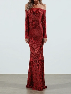 Sequin Off Shoulder Long Sleeve Mermaid Wedding Guest Dresses