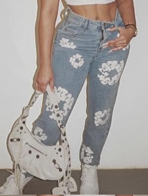 Floral Print Denim Patchwork Straight Jeans