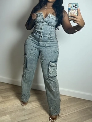 Denim Cross Embroidery Strapless Jumpsuits